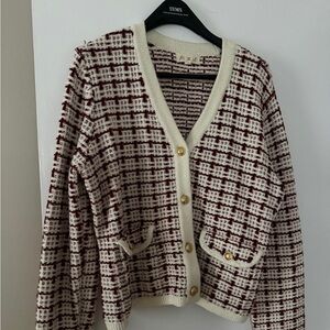 Plaid Knit Cardigan with Gold Buttons